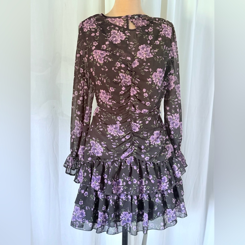 Zara Black and Purple Floral Long Sleeve Dress